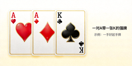 一手好起手牌的示例：红桃A、方块A和黑桃K，这是一对A带一张K的强牌