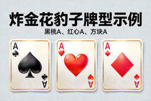 炸金花豹子牌型示例图片，展示黑桃A、红心A和方块A三张扑克牌