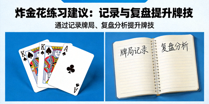 炸金花练习建议图示：一副扑克牌和笔记本，寓意通过记录与复盘来提升牌技