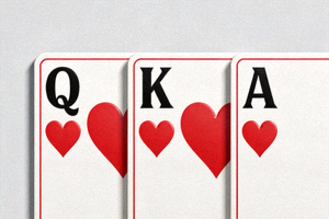 炸金花顺金牌型示例图片，展示红心Q、红心K、红心A三张连续的同花色扑克牌