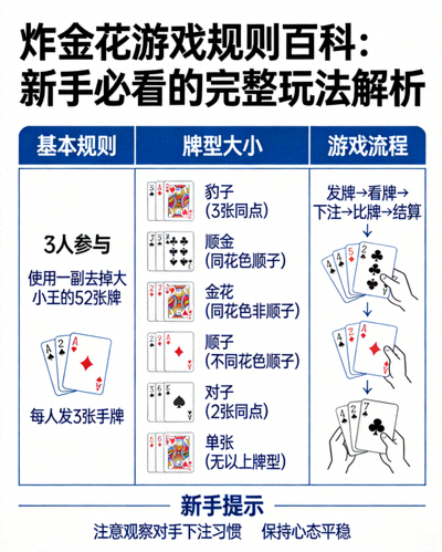炸金花游戏流程图解：从下底注、发牌、多轮下注到最终比牌的完整步骤可视化图表