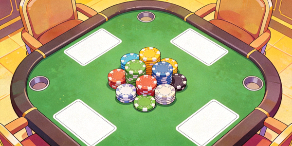 炸金花游戏准备场景示意图：一张绿色牌桌，中央堆放着筹码，周围有虚拟玩家座位