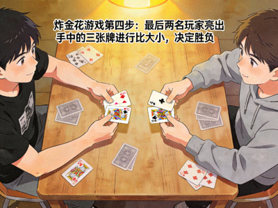 炸金花游戏第四步：最后两名玩家亮出手中的三张牌进行比大小，决定胜负