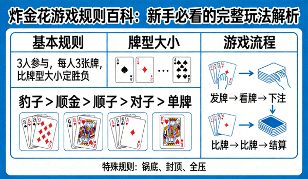 炸金花游戏流程图：从下底注、发牌、下注轮次到最终比牌的步骤图示