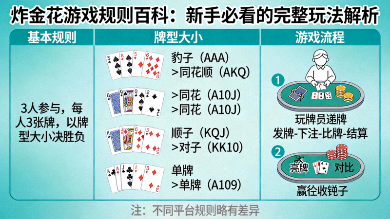 炸金花游戏桌示意图，展示扑克牌、筹码和玩家位置