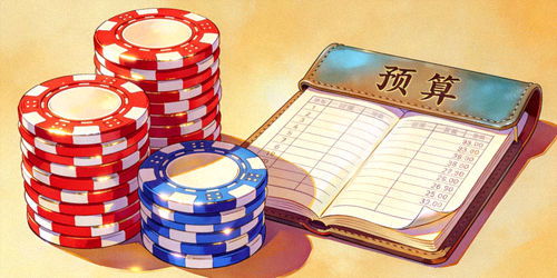 整齐堆叠的扑克筹码，象征良好的资金管理，旁边有一个写着预算的小本子