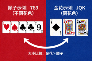 炸金花顺子与金花大小比较示例图，左侧为不同花色的789顺子，右侧为同花色的JQK金花