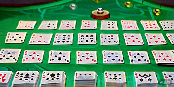 一副标准的52张扑克牌平铺在绿色桌布上，展示炸金花游戏的基本用具