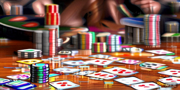 炸金花游戏场景示意图，展示多张扑克牌和筹码堆叠的桌面