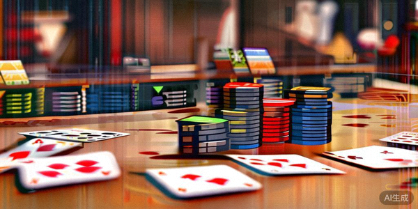 炸金花游戏场景示意图，展示多张扑克牌和筹码堆叠的桌面