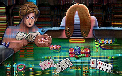 两位玩家在牌桌上同时亮出自己的三张手牌进行比大小，桌中央堆有大量筹码