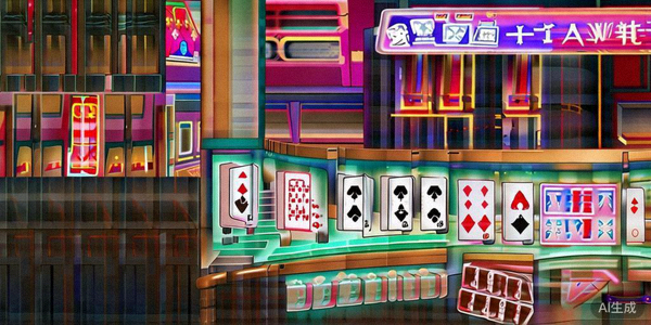 一副标准的52张扑克牌平铺在绿色桌布上，中间缺少大小王